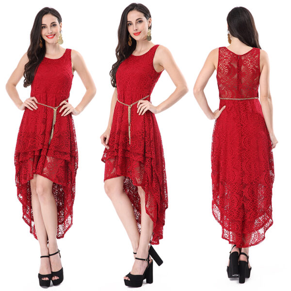 Summer Fashion Most Popular Sexy Red Lace Sleeveless Women Dress With Belt
