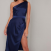 Latest Fashion Women Sexy Satin Blue dress pub Wearing One Shoulder Leg Slit dresses