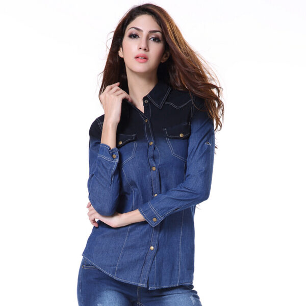 Long Sleeve Camisa Jeans Shirt Women Gradient Washed Denim Shirt