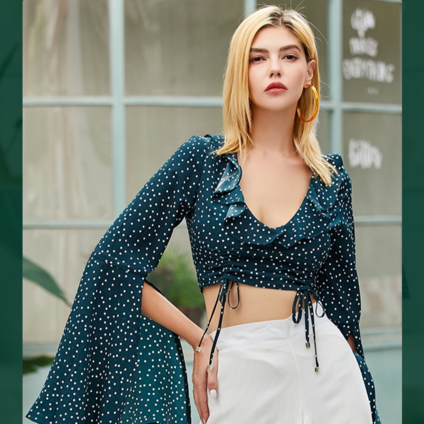 Womens Fashion V Neck Long Sleeve chiffon polka dot fabric crop tops