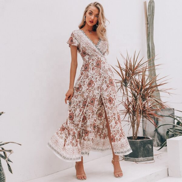 Floral Print Women Beach Dress Sexy Long Dress Bohemian Ruffle Split Lady Dress