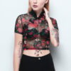 Hot style women tops cheongsam printed net jersey tight t-shirt short sleeves blouse