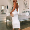 Summer Backless V Neck Long Dresses Party Lady White Cotton Maxi Dresses for Women