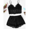 Women Sheer Eyelash Lace Cami Top And Satin Shorts Sexy PJ Set Loungewear