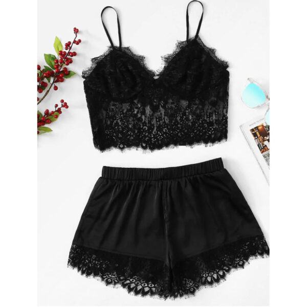 Women Sheer Eyelash Lace Cami Top And Satin Shorts Sexy PJ Set Loungewear