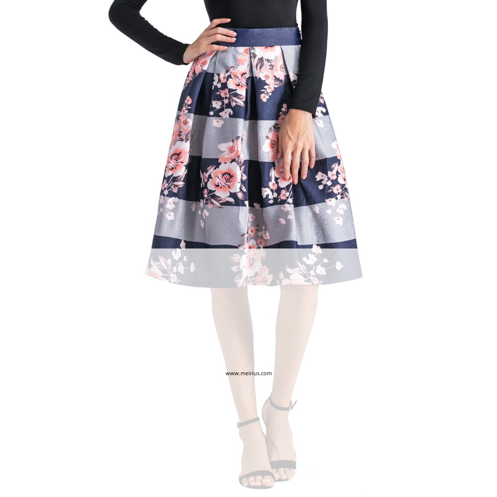 Vintage floral printing skirt high waist A line pleated midi skirt for ladies
