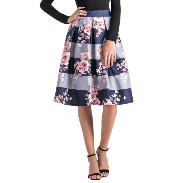 Vintage floral printing skirt high waist A line pleated midi skirt for ladies