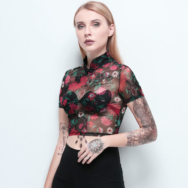 Hot style women tops cheongsam printed net jersey tight t-shirt short sleeves blouse