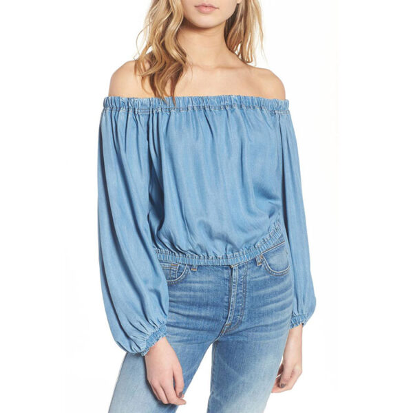 sexy skinny blouson off shoulder design denim blue top for women