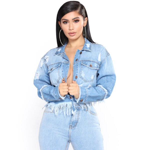 Breathable Short Blue Ripped Denim Jacket