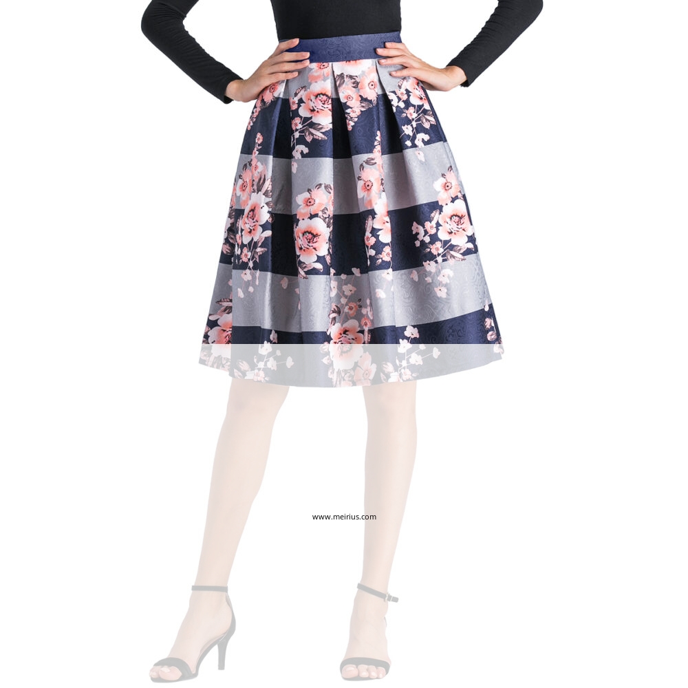 Vintage floral printing skirt high waist A line pleated midi skirt for ladies