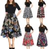 Girls Women's Vintage Patchwork Pockets Puffy Swing Casual Party Dress Short Sleeve Slim