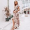 Floral Print Women Beach Dress Sexy Long Dress Bohemian Ruffle Split Lady Dress