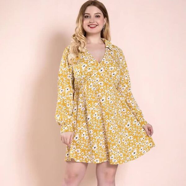 Plus Size Original design Spring Autumn Floral Yellow Long Sleeve Women Dresses