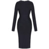 Latest Women Front Wrap Tie Dress V Neck Long Sleeve Side Slit Midi Black Formal Dress