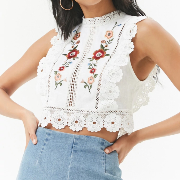 New designer embroidered blouses fashion casual women tops lace crop top