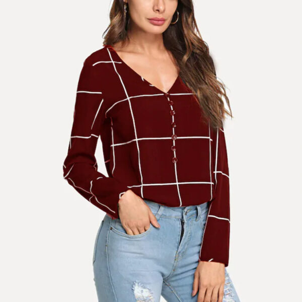 Long sleeve v neck button front plaid blouse tops women